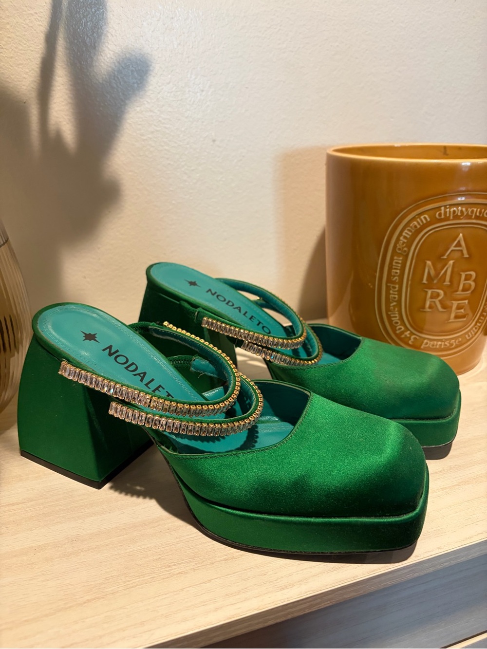 Nodaleto Green Satin Platform Mules with Crystal Trim